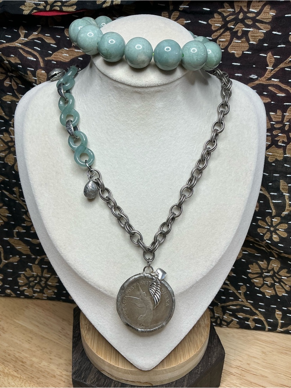 Antique Silver Rollo Necklace 17” with Angel Coin and Blue Water Jade Connectors - Picture 8 of 10
